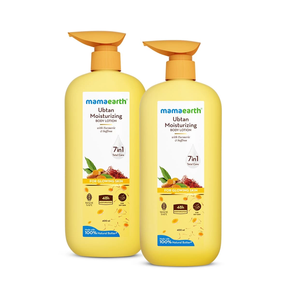 Mamaearth Ubtan Moisturizing Body Lotion With Turmeric & Saffron For Glowing Skin|48H Moisturization|Nourishes Dry Skin|7In1 Total Care|100% Natural Butter|Non-Greasy Smooth Skin - 400Ml (Pack Of 2)