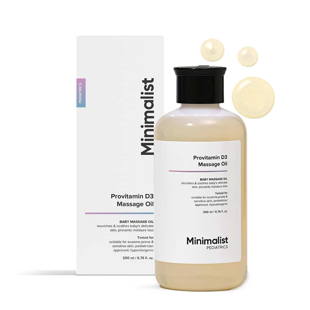 Minimalist Baby Massage Oil with Provitamin D3 | Fragance Free, Mineral Oil Free & Pediatrician Approved Baby Oil For Sensitive Skin | A Blend Of Coconut, Sunflower, Almond & Safflower Oil | 200ml