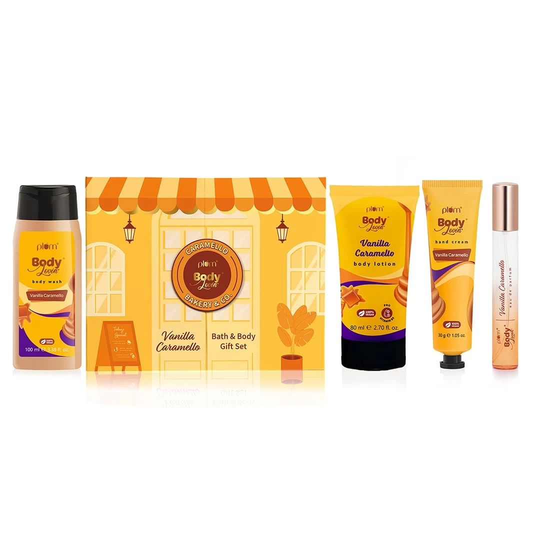 Plum BodyLovin' Vanilla Caramello Bath & Body Gift Set | Body Wash | Body Lotion | Hand Cream| Perfume | Long-Lasting Warm Vanilla Fragrance | Gift Set For Women