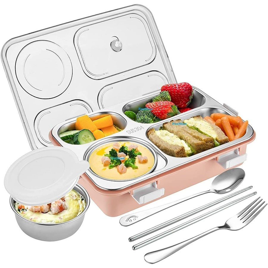 Lunch Boxes for Adults - Lunch Box for Kids with Spoon & Fork - Durable Perfect Size for On-The-Go Meal, BPA-Free and Food 4 Compartment Stainless Steel (4 Compartment, Pink), 900ml