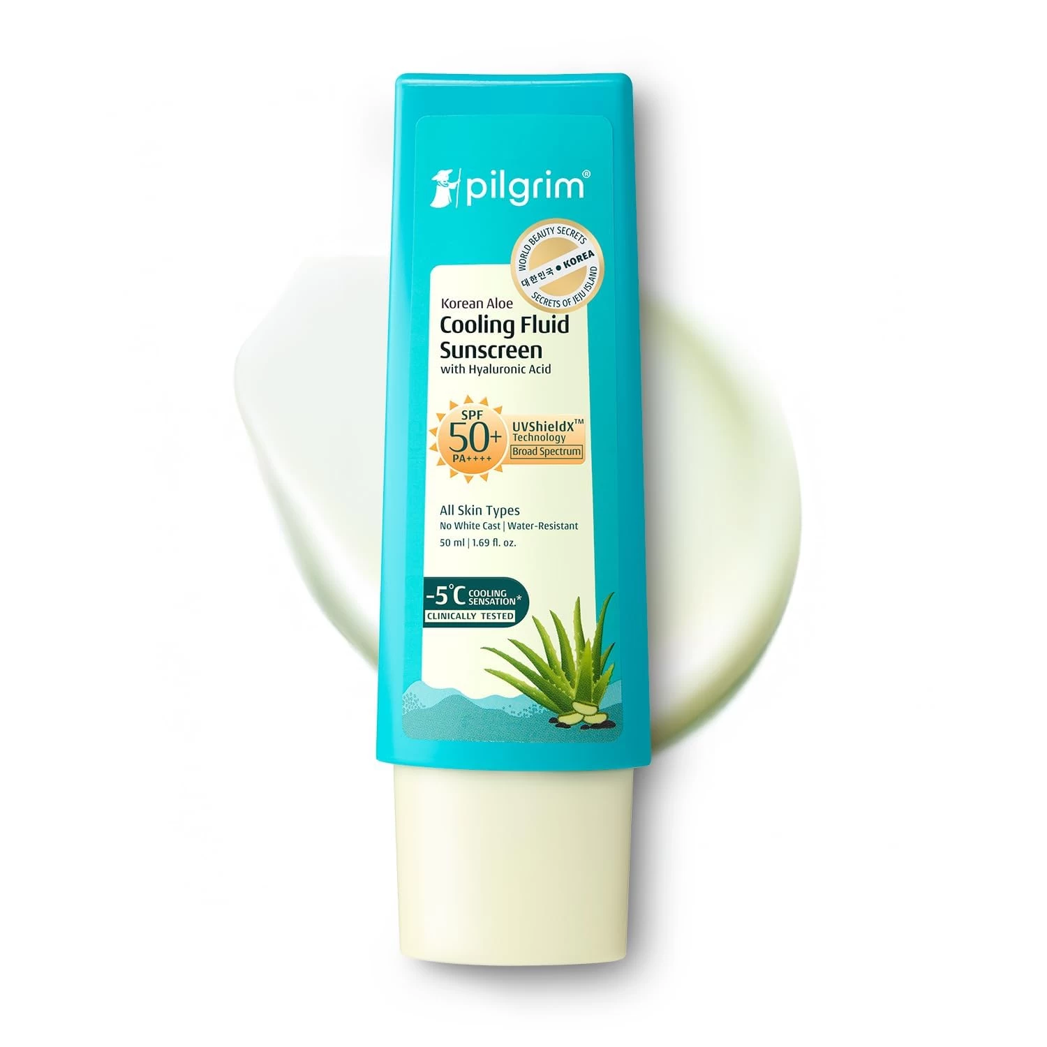 Pilgrim Korean Aloe Cooling Fluid Sunscreen SPF 50+ PA++++ with Hyaluronic Acid | InVivo Tested | No White Cast, Water Resistant| Prevents Tanning | 5°C Cooling Sensation | For All Skin Types - 50ml