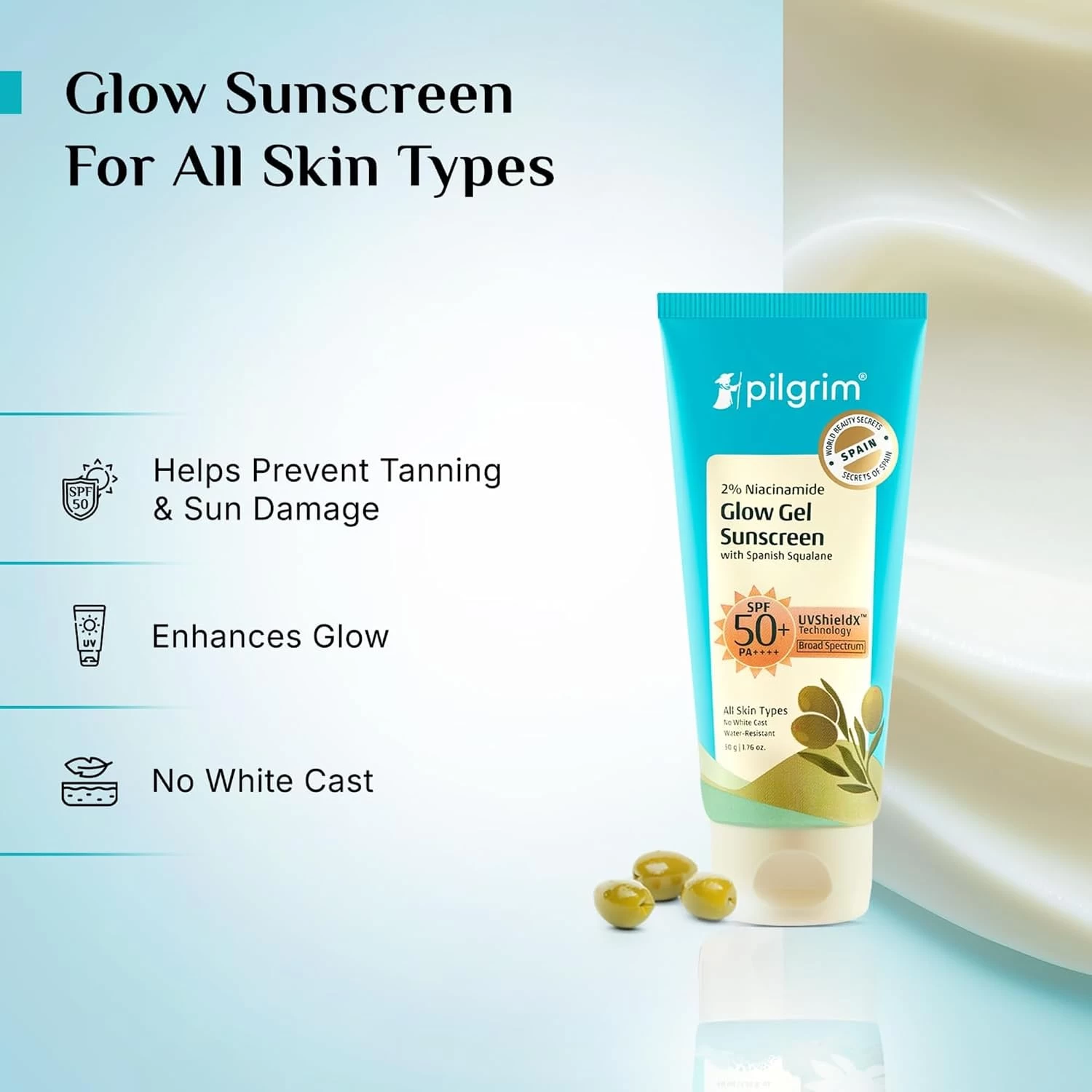 Pilgrim 2% Niacinamide Glow Sunscreen SPF 50 +++ for Women and Men with Spanish Squalane | Enhances Glow, Broad spectrum, Non-greasy, No white cast & Prevents Tanning | All skin types - 50 g