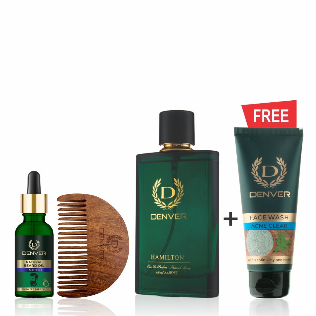 Denver Smooth Beard Oil 30ml with free wooden comb, Hamilton Perfume 100 ml + FREE Acne Clear Face Wash 50gm