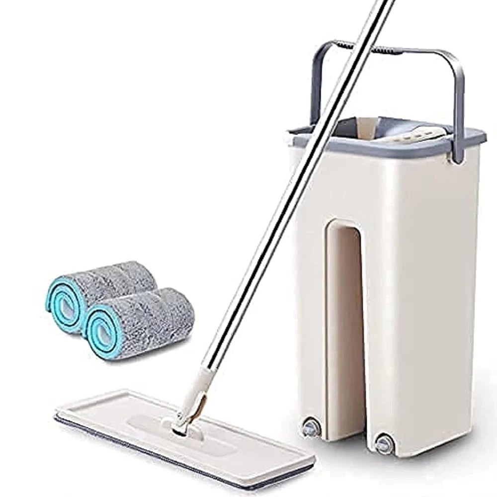 Heavy Quality Flat Squeeze Floor Mop with Bucket Set (with 360° Flexible Head & 2 Reusable Pads)