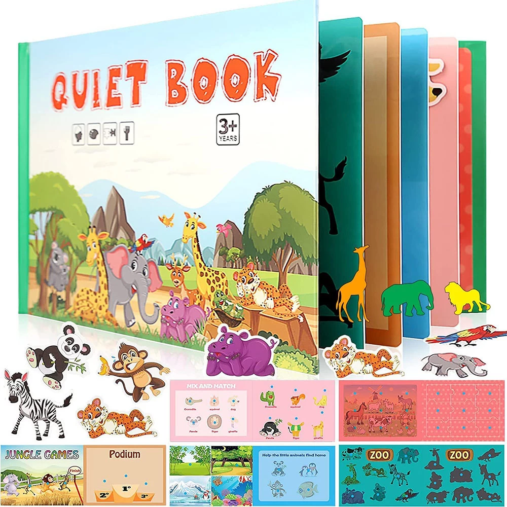 Busy Book Combo Set – 2 Velcro Activity Books for Kids (2–4 Years) | Fruits & Animals Learning | Color Sorting, Animal Recognition, Puzzle & Matching Interactive Quiet Book Travel Toys