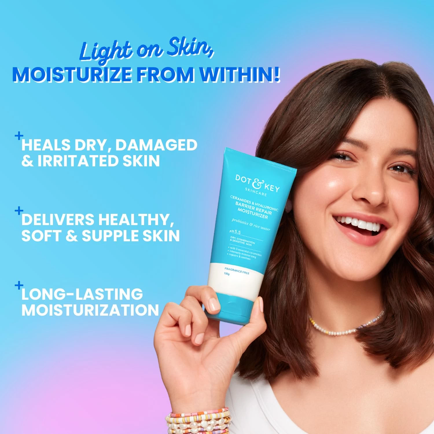 Dot & Key Barrier Repair Moisturizer For Normal, Dry, Combination & Sensitive Skin | 120 Hrs Moisturization, With 5 Ceramides & Hyaluronic | Repairs Damaged Skin Barrier, Non-Comedogenic | 50g