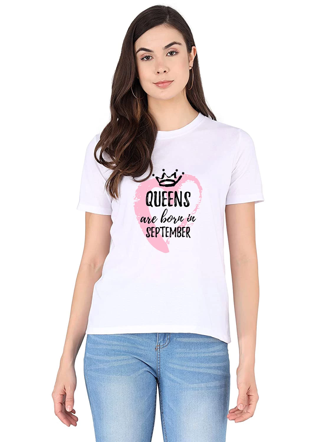 I KING Women Printed Round Neck Polycotton White T-Shirt