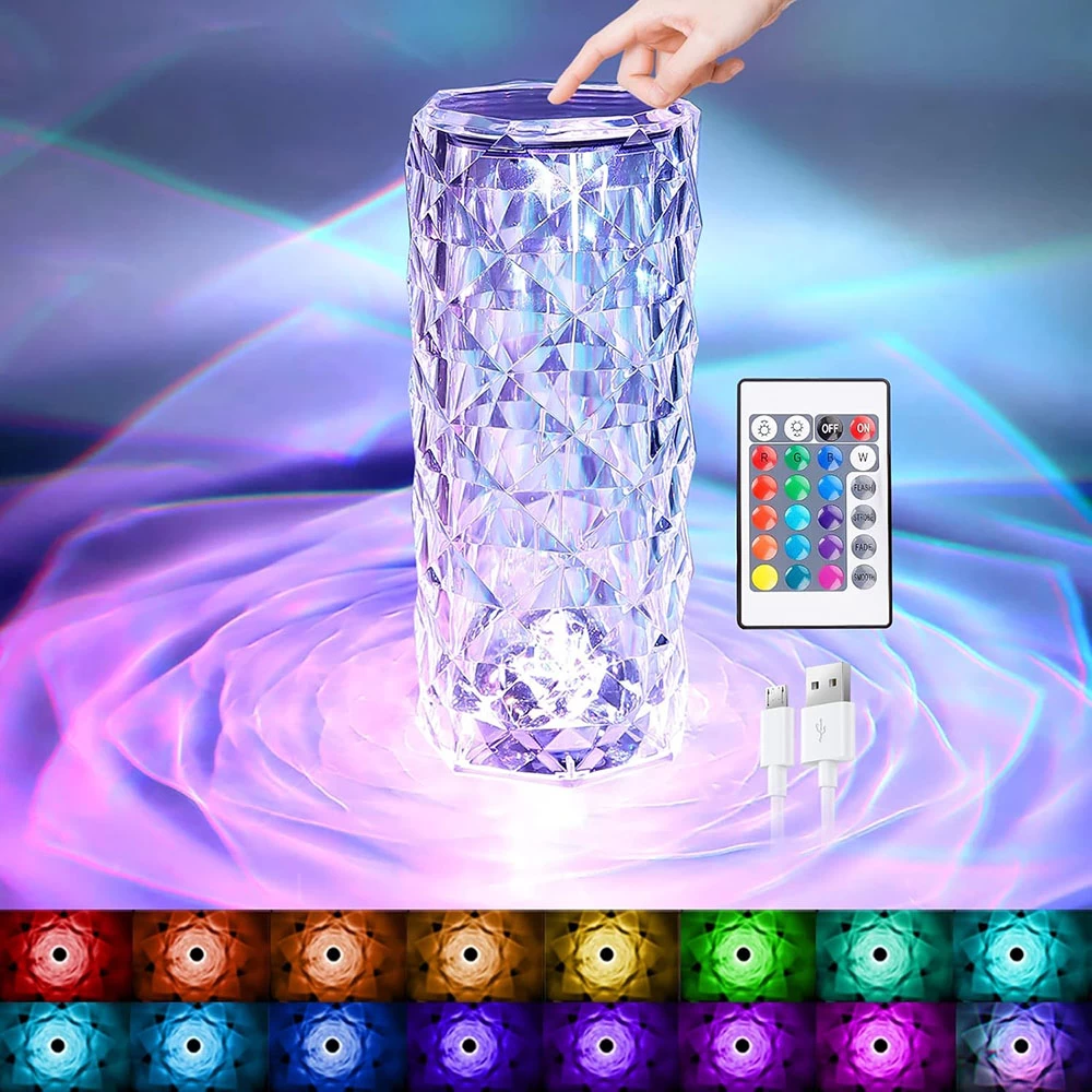 16 Color Changing Crystal Diamond Table Lamp,Touch Control Bedside Lamp with USB Port,16 Color Changing Creative Romantic Rose Acrylic LED Light for Bedroom Living Room