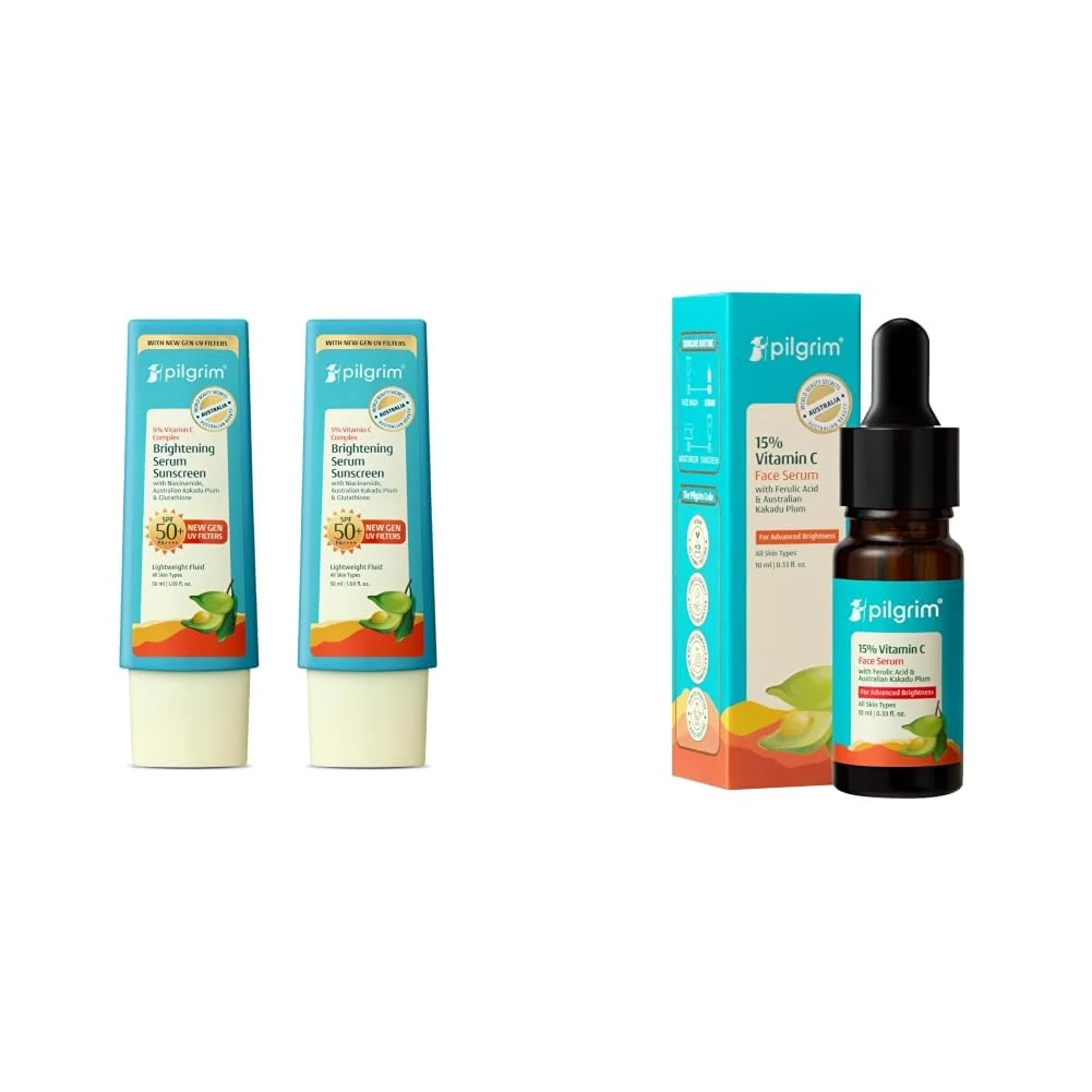 Pilgrim 5% Vitamin C Brightening Serum Sunscreen SPF 50+ PA++++ with Niacinamide & Glutathione & 15% Vitamin C Serum 10ml for Glowing Skin with Ferulic Acid & Kakadu Plum