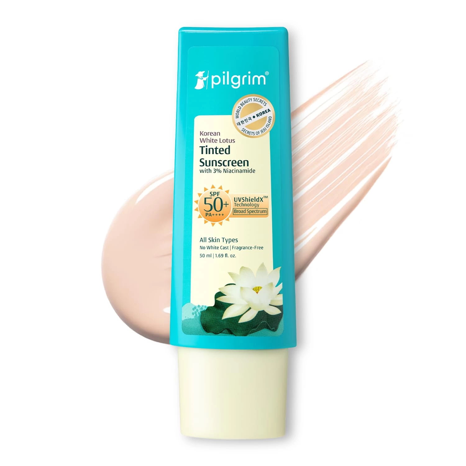 Pilgrim Korean White Lotus Tinted Sunscreen SPF 50+ PA++++ with 3% Niacinamide | No White Cast | Prevents Tanning & Brightens Skin Tone | UVA/B & Bluelight Protection | For All Skin Types