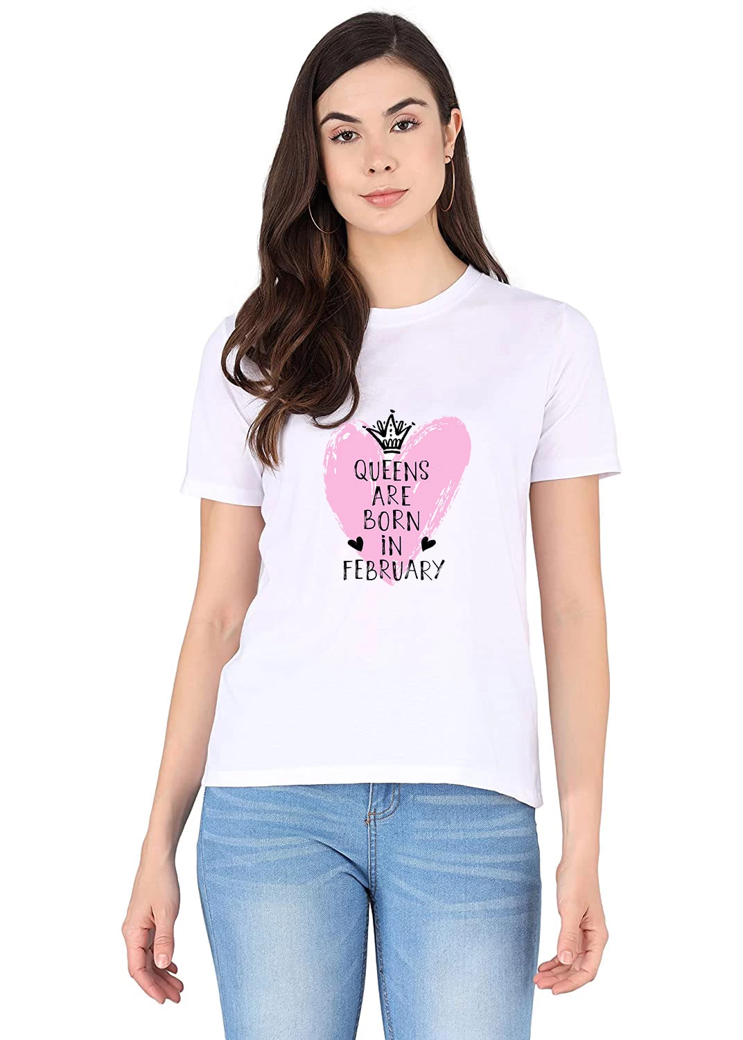KING Women Printed Round Neck Polycotton White T-Shirt